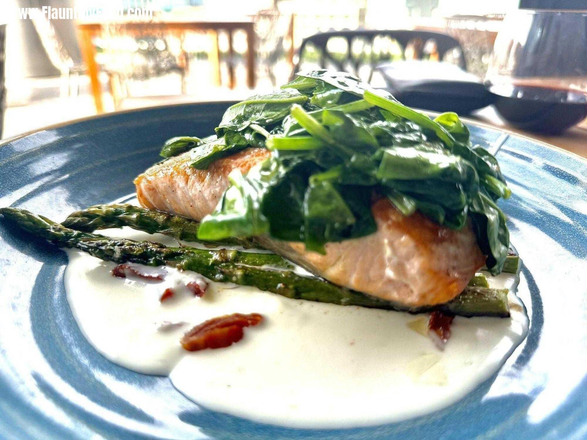 Salmon, and spinach at Bird and Branch downtown Fort Worth, Texas
